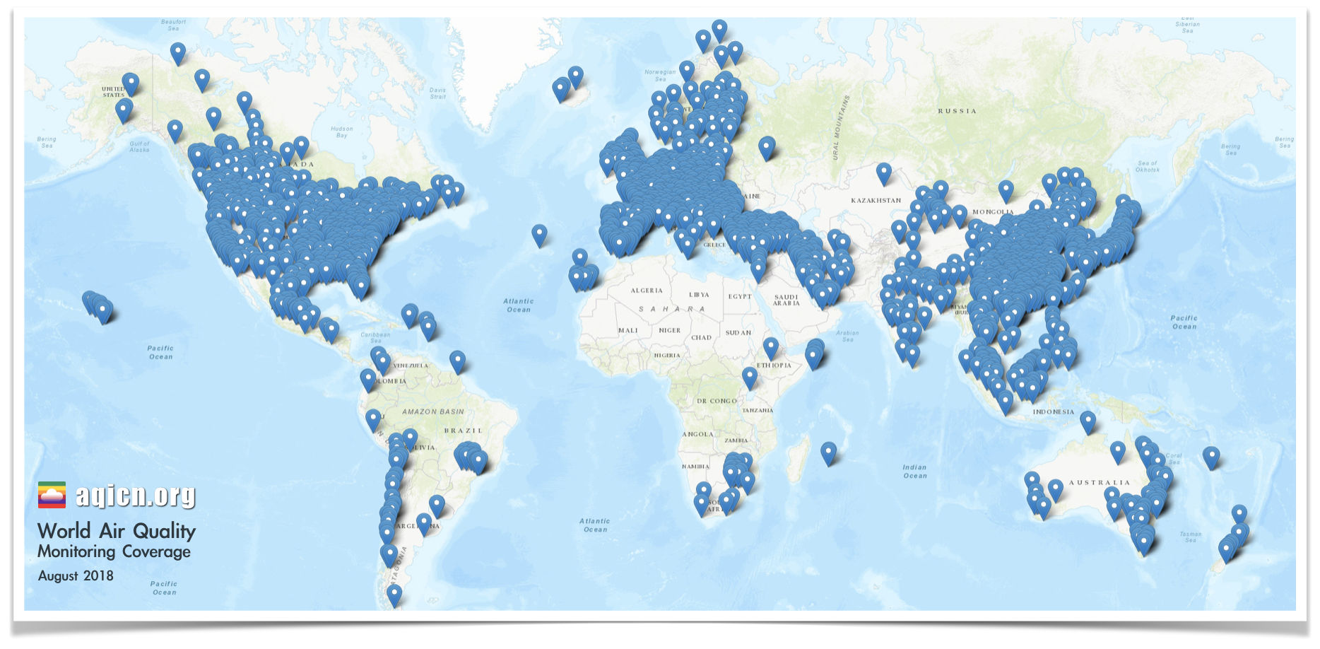 world air quality monitoring stations coverage by the World Air Quality Index project