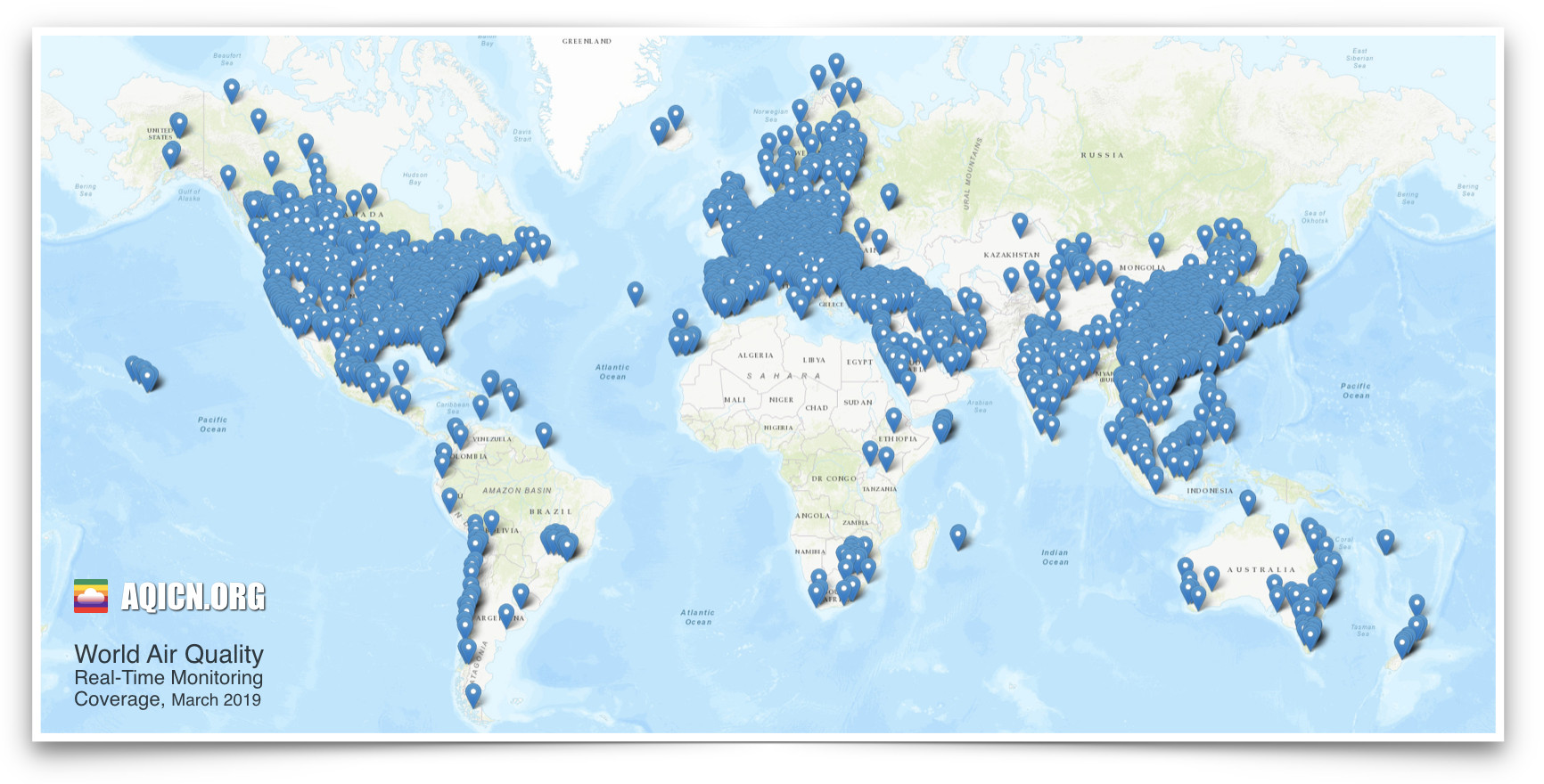 world air quality monitoring stations coverage by the World Air Quality Index project